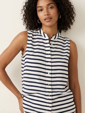 J. Crew Navy  White Striped Sleeveless Mandarin Collar Blouse 00 Preppy Coastal